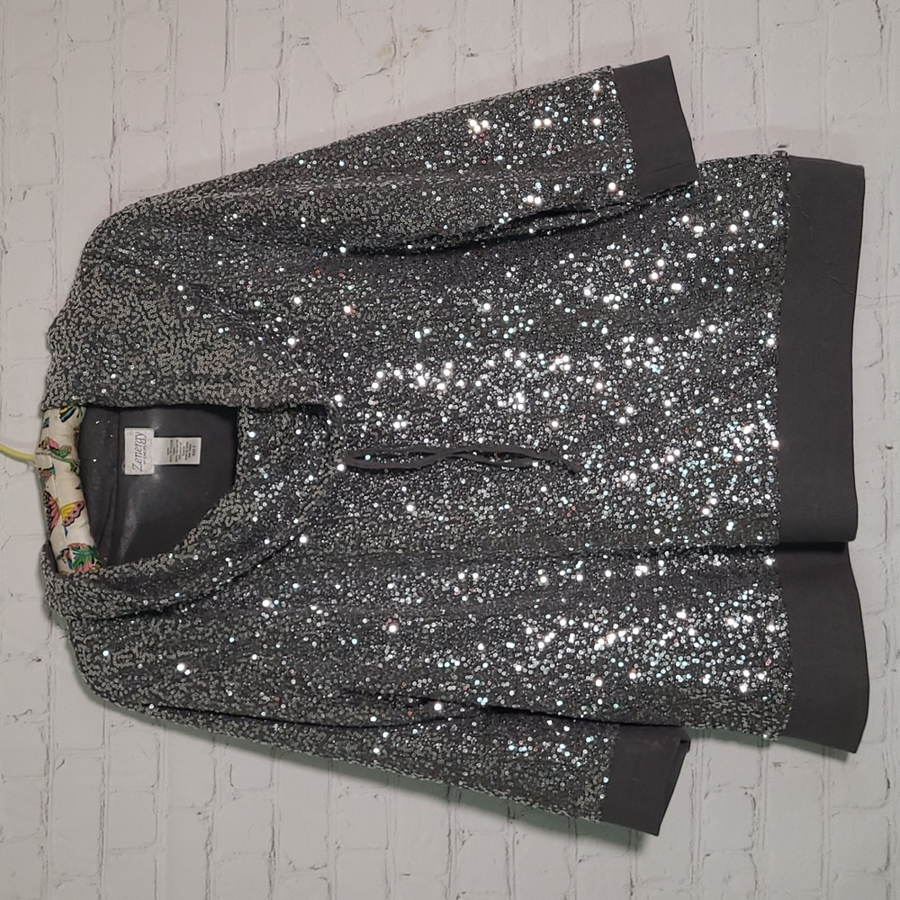 Zenergy By Chicos Silver Sequins Slouch Neck Quarter Sleeve Top Womens Size 3 - Picture 6 of 9